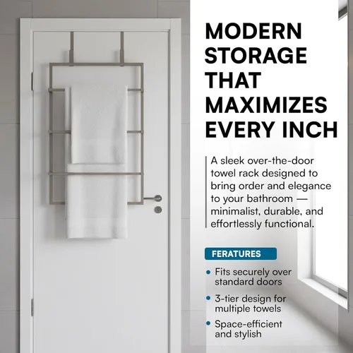 Miniatura 2 de Honey-Can-Do Toallero de 3 niveles para colocar sobre la puerta, organizador de almacenamiento de acero cromado para colgar toallas, ropa, batas