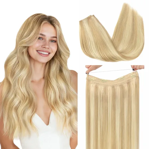 GOO GOO Extensiones de Cabello Humano con Alambre, 18A/613A Rubio Oscuro mezclado con Rubio Decolorado Resaltado 18 pulgadas 95g, Extensiones de
