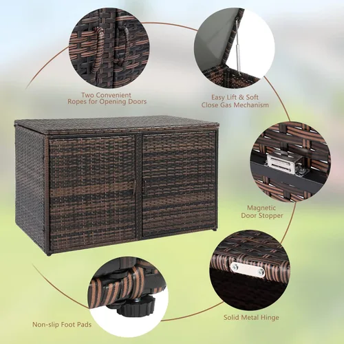Miniatura 5 de Henf Caja de almacenamiento de mimbre para exteriores, caja de mimbre para patio con puertas dobles y estante, organizador de almacenamiento