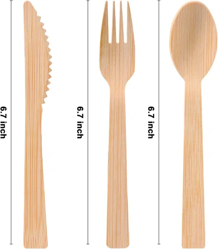 Miniatura 7 de Juego de servilletas y cubiertos de bambú preenrollados, paquete de 100 utensilios de bambú/cubiertos compostables