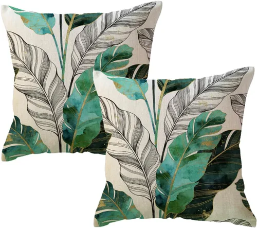 Miniatura 7 de Juego de 2 fundas de almohada de hojas de Monstera con diseño de hojas de palmera tropical, con temática botánica, fundas de almohada decorativas