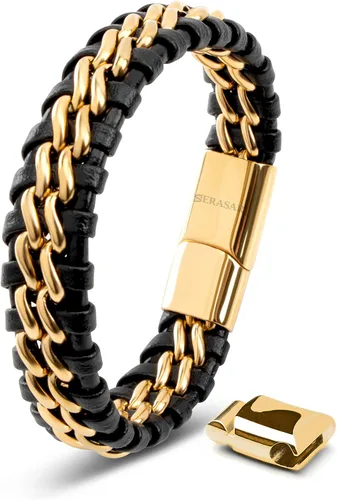 SERASAR Premium Genuine Leather Bracelet Steel for Men in Black Magnetic Stainless Steel Clasp in Black, Silver and Gold Exclusive Jewelry Box