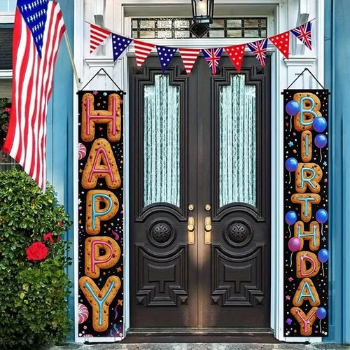 Miniatura 8 de Cartel decorativo de feliz cumpleaños de 12 x 71 pulgadas, bonito cartel colgante para puerta de cumpleaños, suministros de fiesta coloridos
