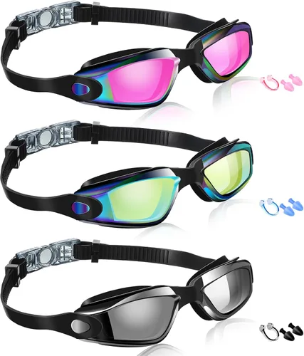 Miniatura 12 de Flutesan Paquete de 3 gafas de natación sin fugas, de silicona, antivaho con clip para la nariz, tapones para los oídos para adultos y niños, 3