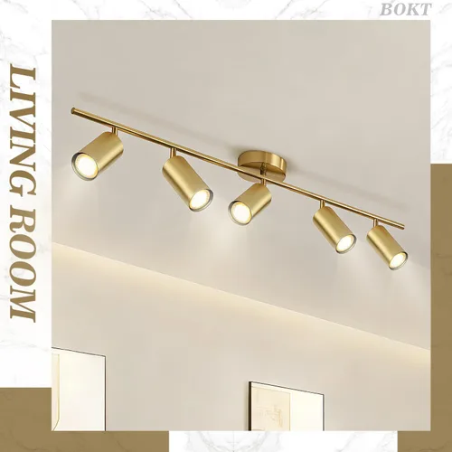 Miniatura 4 de BOKT Luminarias de pista LED de 5 luces para techo dorado moderno, foco de 5 direcciones, iluminación interior de pista lineal vintage de mediados 5