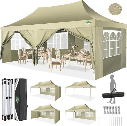 Miniatura 42 de COBIZI - Tienda desplegable de 3,66 x 3,66 metros en oferta - Cenador portátil de metal para exteriores con mosquitero, impermeable - Cenador Caqui