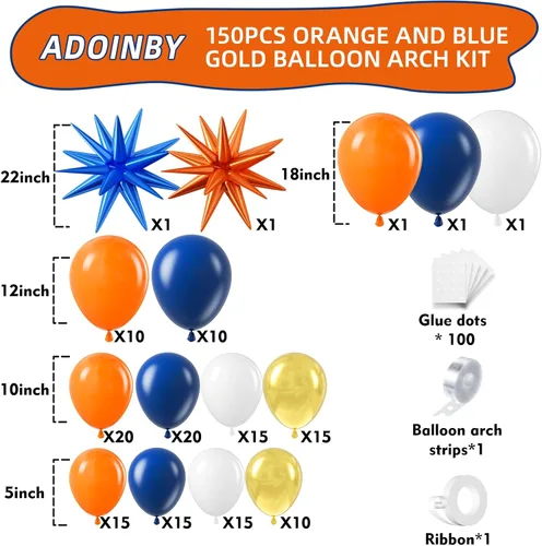 Miniatura 2 de Kit de arco de globos de color azul y naranja, azul marino, naranja, metálico, dorado y blanco, globos de diferentes tamaños para niñas, cumpleaños
