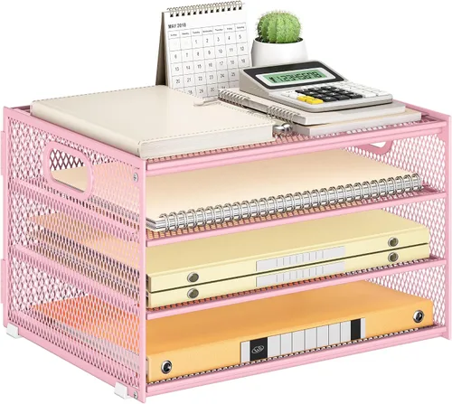 Miniatura 15 de SUBEKYU 2 paquetes de organizador de bandejas de cartas de 3 niveles para escritorio, organizador clasificador de archivos de malla metálica negra
