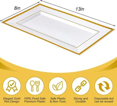 Miniatura 2 de Uiifan 30 bandejas de plástico para servir a granel, borde de oro blanco, elegante, rectangular, desechable, mesa de postre de plástico, bandejas