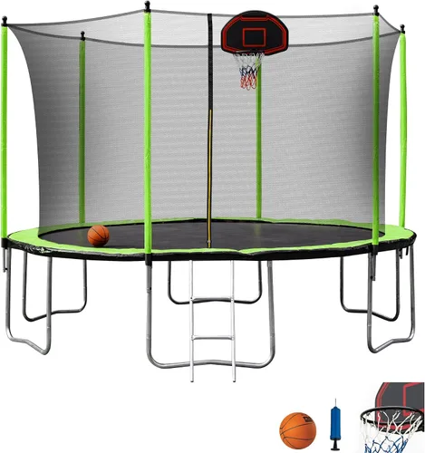 Miniatura 5 de Olela Trampolín de 16 pies para niños, trampolín con caja de seguridad, aro de baloncesto y escalera, trampolín al aire libre para niños y adultos
