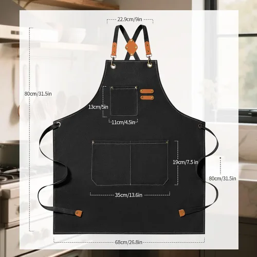 Miniatura 7 de Delantales de chef para hombres y mujeres con bolsillos grandes, delantal de lona de algodón resistente con espalda cruzada Negro