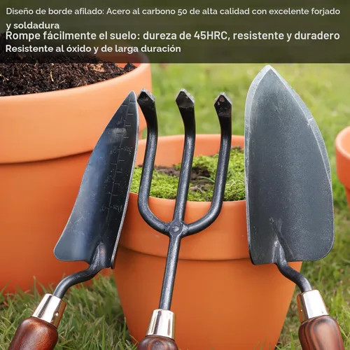 Miniatura 5 de RESTMO Kit de herramientas de jardinería 3 en 1, herramientas de mano de jardín de acero al carbono de alta calidad con mango de madera ergonómico