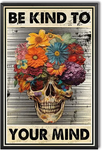 Miniatura 15 de TSEZLOJH Lienzo decorativo para pared, diseño de flores con texto en inglés «Be Kind to Your Mind», diseño retro para tus familiares y amigos, marco