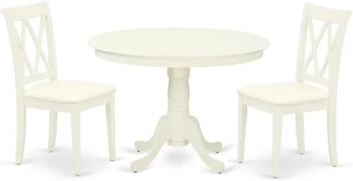 East West Furniture HLCL3-LWH-C - Juego de comedor de 3 piezas que contiene una mesa de comedor redonda con pedestal y 2 sillas de cocina de tela de