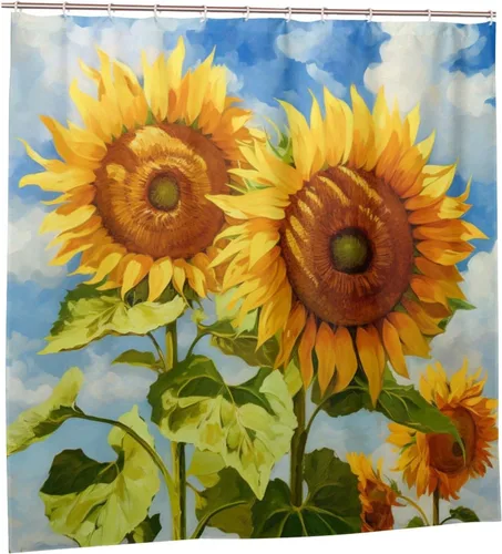 Miniatura 7 de YLATY2314 - Cortina de ducha de girasol para baño, pintura al óleo, hojas verdes, flores, bohemio, tela amarilla abstracta, moderna, impermeable