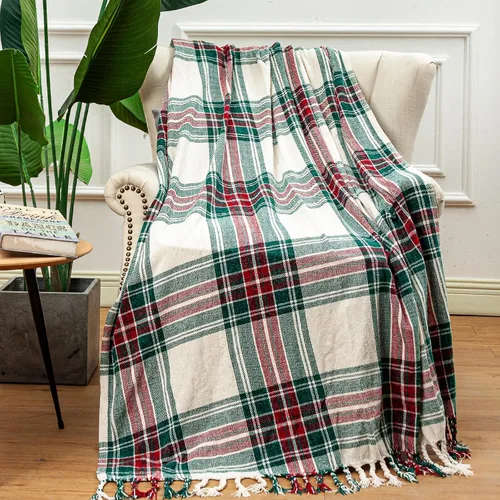 Miniatura 9 de LALIFIT - Manta de punto suave y esponjosa con diseño de cuadros verde y rojo, con flecos, ligera para decoración del hogar, 50 x 60 pulgadas
