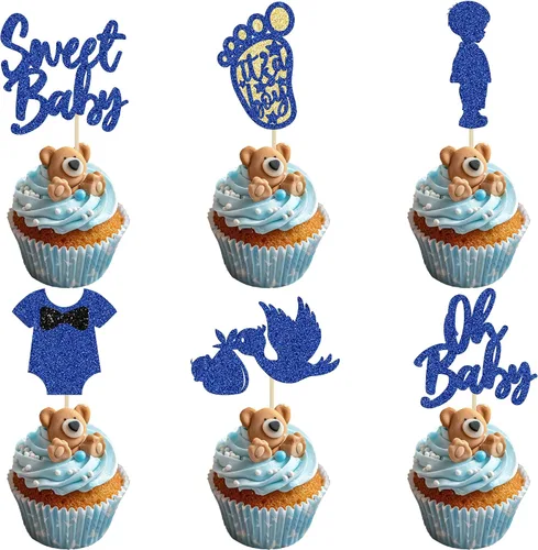 Miniatura 10 de Ephlyn 24 adornos azules para tartas con diseño de cisne, suministros de fiesta temática de baby shower, decoraciones para niños y niños, fiesta