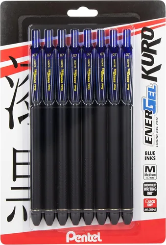 Pentel EnerGel Kuro - Bolígrafo de gel líquido, (0.028 in) línea media, tinta azul, paquete de 8