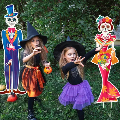 Miniatura 5 de Namalu Paquete de 2 carteles de Día de los Muertos para patio al aire libre, decoraciones de césped con calavera de azúcar con estacas para fiesta