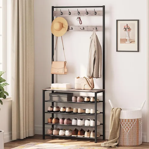 Miniatura 3 de HOOBRO Árbol de Pasillo, Perchero con Zapatero, Árbol de Pasillo con Banco, Organizador de Almacenamiento de Zapatos de 5 Niveles con 9 Ganchos