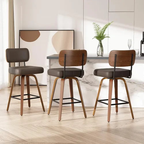Miniatura 42 de Juego de 1 taburete de bar giratorio, taburetes de bar tapizados de 26" de altura para encimera con respaldo de nogal y patas de madera curvada