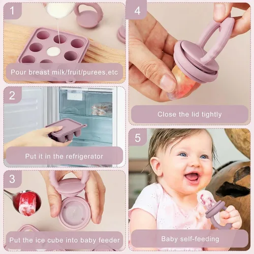Miniatura 4 de Alimentador de frutas para bebés, moldes para paletas de leche materna, bandeja de silicona para congelar alimentos para aliviar la dentición, Lila