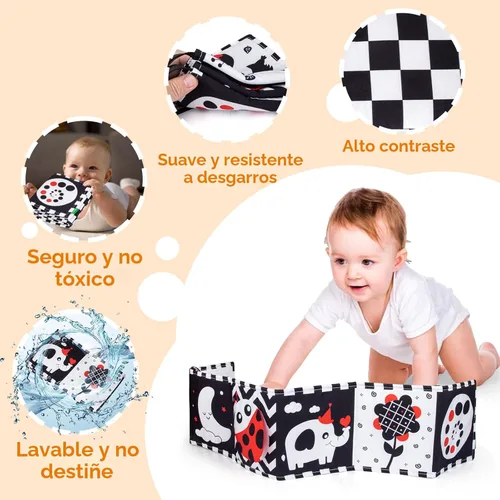 Miniatura 2 de Cawgug Juguetes para bebés de alto contraste en blanco y negro para el desarrollo del cerebro del recién nacido, tiempo boca abajo, libro suave