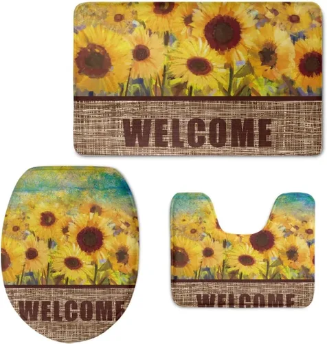 Miniatura 14 de UNICEU Alfombras de baño de 3 piezas, diseño de margaritas hippie, girasol, suave, absorbente, alfombrilla de baño + alfombrilla de contorno