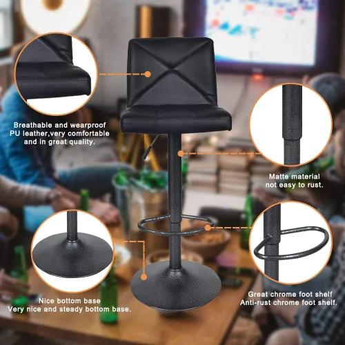 Miniatura 6 de Dkeli Taburetes de bar, modernos taburetes de bar de cuero sintético negro con parte trasera ajustable de altura de mostrador giratorio, juego de 2