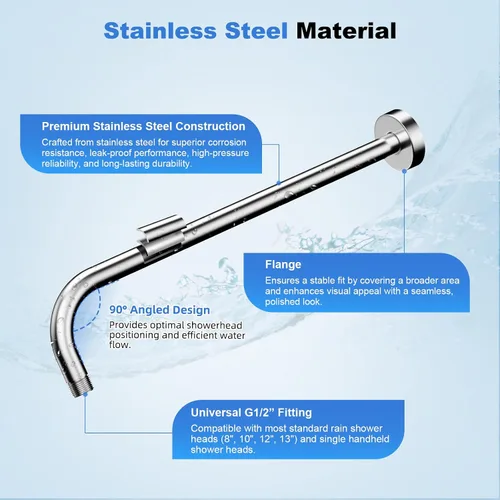 Miniatura 2 de Hibbent Brazo de extensión de ducha de metal de 16 pulgadas, brazo de ducha extra largo de acero inoxidable con brida, extensor de cabezal de ducha
