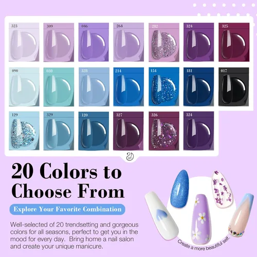Miniatura 5 de AZUREBEAUTY Kit de iniciación de uñas en polvo de inmersión, 20 colores morado y azul con purpurina, bandeja de reciclaje de polvo de inmersión