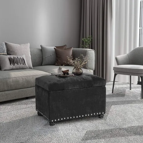 Miniatura 3 de Homebeez Banco otomano de almacenamiento copetudo, taburete de terciopelo con parte superior elevadora y ribete de cabeza de clavo (gris oscuro)