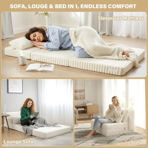 Miniatura 4 de Tiita Sofá Cama Plegable - Silla Reclinable Convertible de 4 Pliegues con Funda de Pana y Almohada Rectangular, Colchón de Sofá de Suelo para beige