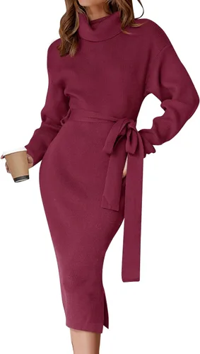 Miniatura 49 de ZESICA - Vestido por debajo de la rodilla de suéter, de cuello alto, para mujer, de manga larga, de punto acanalado, con abertura y cinturón