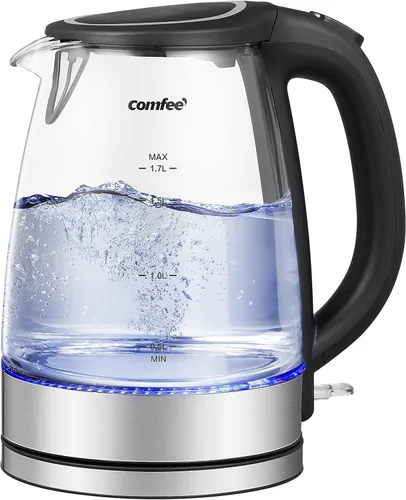 COMFEE' Tetera Eléctrica de Vidrio y Hervidor de Agua Caliente Eléctrico, Hervidor Eléctrico de 1.7L con Indicador LED, Ebullición Rápida de 1500W,