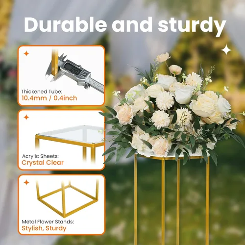 Miniatura 2 de YALLOVE Paquete de 2 soportes dorados de 15.75 pulgadas para flores de boda, soporte de columna de metal para centro de mesa geométrico