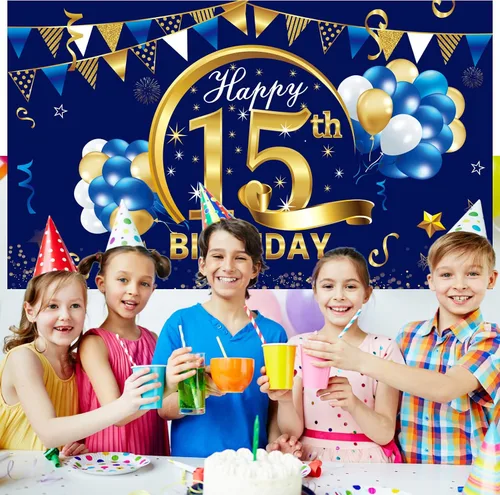 Miniatura 5 de Cartel de cumpleaños número 15 azul dorado para niños, suministros de fiesta de telón de fondo, letrero de fondo para fotos de cumpleaños de 15 años