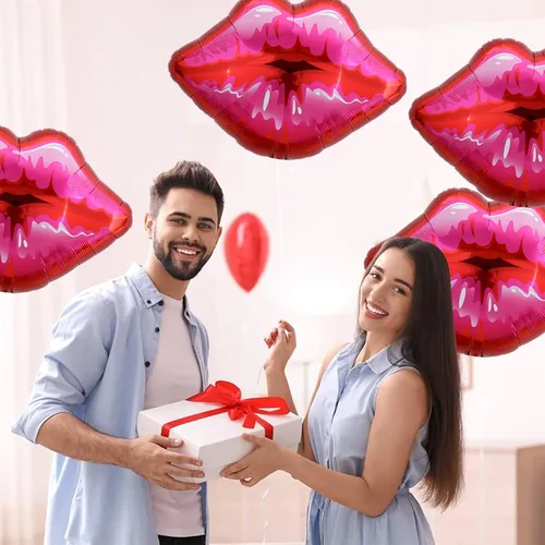 Miniatura 6 de Paquete de 10 globos grandes de labios rojos y rosados, globos de corazón para decoración de fiestas temáticas de maquillaje, aniversario, Kiss the