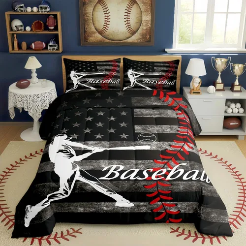 Erosebridal Juego de edredón de béisbol para niños, ropa de cama vintage con bandera americana, tamaño Queen para adultos, niñas, niños, juegos de