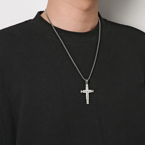 Miniatura 9 de HZMAN - Collar de acero inoxidable con colgante de cruz de fuerza, 3 colores disponibles, texto bíblico en inglés Filipenses 4:13