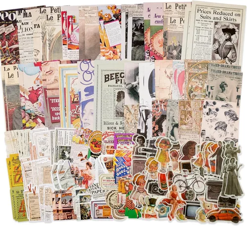 Knaid Paquete de Suministros Vintage para Álbumes de Recortes (200 Piezas) para Junk Journals, Bullet Journals, Planificadores, Pegatinas de Papel