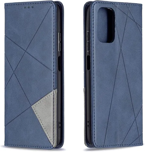 Funda con tapa para Xiaomi Redmi Note 10 4G/Note 10S, patrón de rombos de cuero de primera calidad, función atril, cierre magnético, color azul