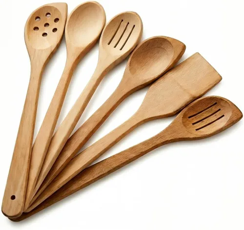 ECOSALL Juego de 6 cucharas de madera saludables para cocinar. Utensilios de cocina seguros y confiables para cocina, cuchara de espátula de madera