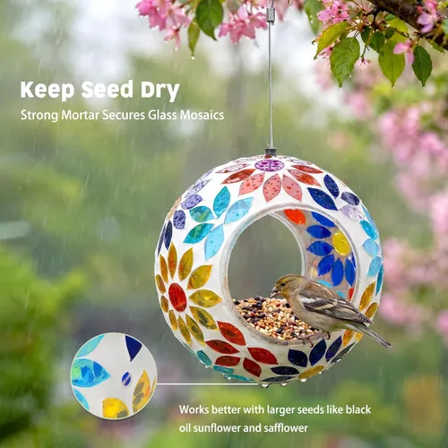 Miniatura 2 de VCUTEKA Comedero para Pájaros de Mosaico Tipo Fly Through para Exterior Colgante con Recipiente de Vidrio de Forma Redonda para Atraer Más Aves