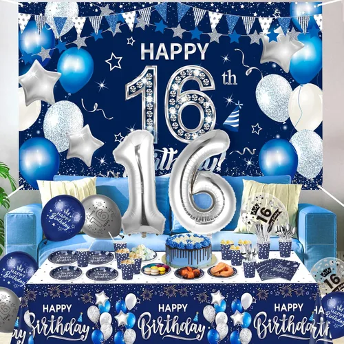Miniatura 7 de Decoraciones de cumpleaños número 16 para niños y niñas, 131 unidades, azul marino, plateado, suministros para fiesta de cumpleaños de 16 años
