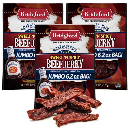 Bridgford Sweet Baby Ray's Beef Jerky Sweet N Spicy 6.2 onzas, paquete de 3 – Cecina de res dulce y picante alta en proteínas para tu preferencia