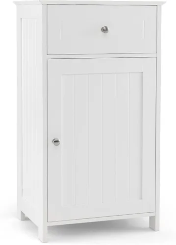 Miniatura 11 de Giantex Armario de almacenamiento de baño de piso, gabinete independiente con cajón, puerta, estante ajustable, dispositivo antivuelco, organizador