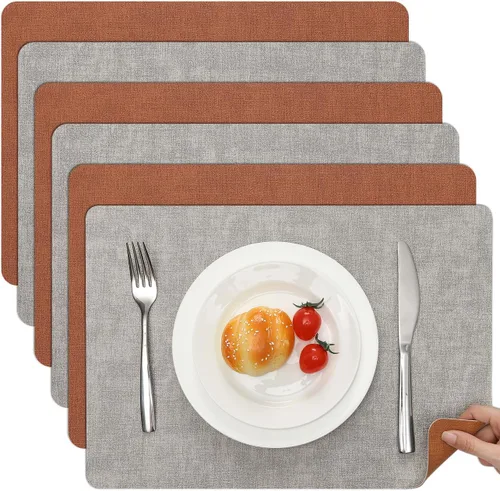 Miniatura 40 de Myir JUN Juego de 6 manteles individuales de doble cara, de piel sintética, para interiores, para mesa de comedor, exteriores, cuadrados, Negro