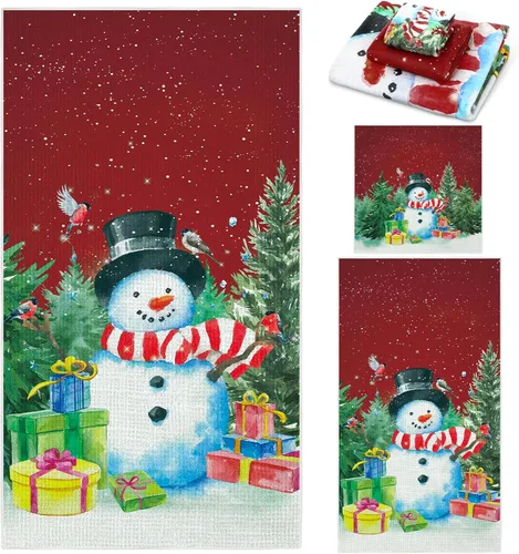 Miniatura 25 de Preboun Juego de 3 toallas de baño navideñas de gnomo, toallas de mano con árbol de Navidad, toallas de baño con copos de nieve de invierno, toallas