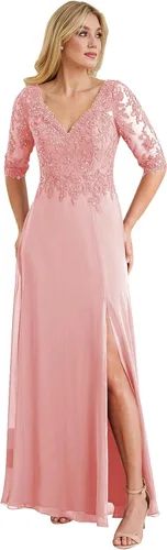 Women's V Neck Lace Appliques Mother of The Bride Dress with Sleeves Slit Long Formal Party Gowns